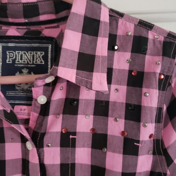 Vintage PINK VS Checkered Ruffled Rhinestones Dress Small - Picture 2 of 7